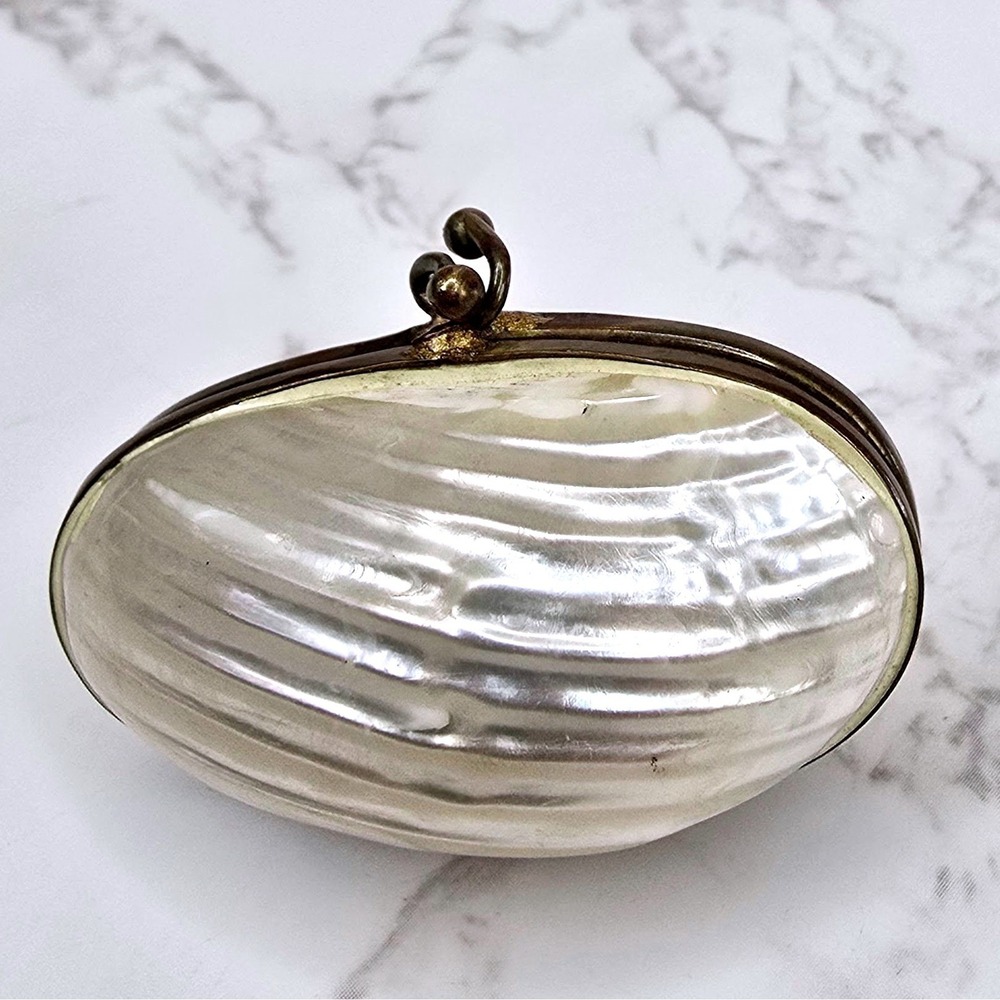 Vintage Mother of Pearl Seashell Trinket Box Brass Clasp Iridescent Pill Case - Picture 3 of 11